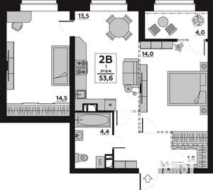 1-к квартира, строящийся дом, 54м2, 1/14 этаж