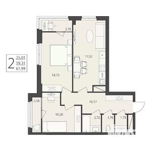 2-к квартира, вторичка, 62м2, 3/17 этаж
