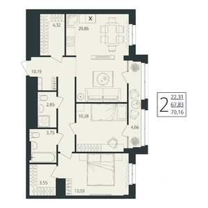 2-к квартира, вторичка, 70м2, 17/17 этаж