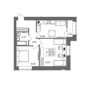 2-к квартира, вторичка, 61м2, 1/10 этаж