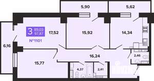 3-к квартира, строящийся дом, 98м2, 15/19 этаж