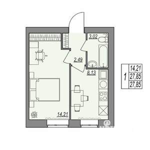 1-к квартира, строящийся дом, 28м2, 1/7 этаж