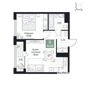 1-к квартира, вторичка, 43м2, 6/8 этаж