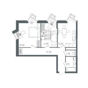 2-к квартира, вторичка, 61м2, 18/22 этаж