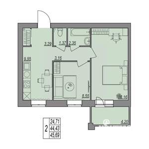 2-к квартира, строящийся дом, 46м2, 4/7 этаж