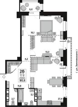 2-к квартира, вторичка, 85м2, 18/18 этаж