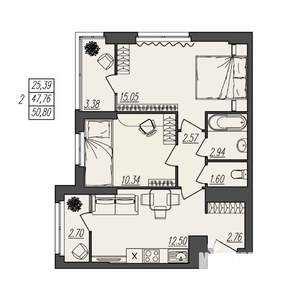 2-к квартира, вторичка, 51м2, 2/17 этаж