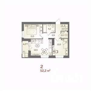 2-к квартира, вторичка, 52м2, 8/21 этаж