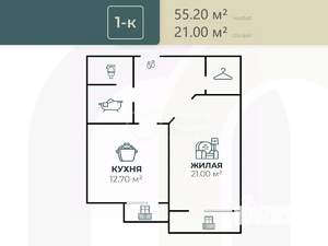 1-к квартира, вторичка, 53м2, 8/16 этаж