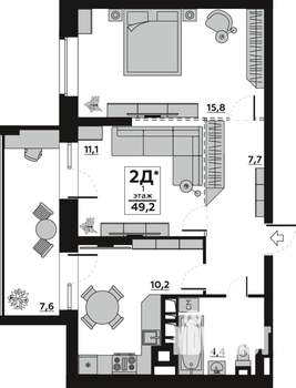 2-к квартира, строящийся дом, 49м2, 1/7 этаж