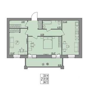 2-к квартира, строящийся дом, 64м2, 6/7 этаж