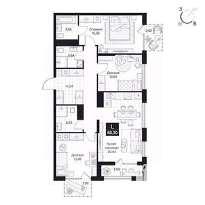 3-к квартира, вторичка, 88м2, 3/8 этаж