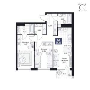 2-к квартира, вторичка, 69м2, 8/10 этаж