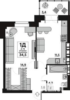 1-к квартира, вторичка, 34м2, 6/6 этаж