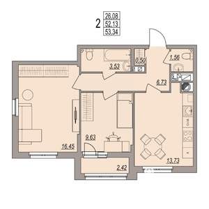 2-к квартира, вторичка, 53м2, 2/6 этаж