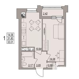 1-к квартира, вторичка, 33м2, 3/6 этаж