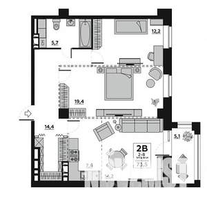 2-к квартира, вторичка, 77м2, 8/19 этаж