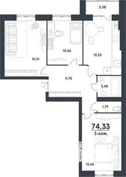 3-к квартира, строящийся дом, 74м2, 4/4 этаж