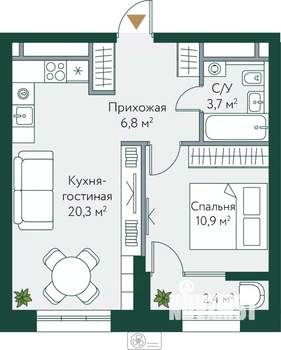 1-к квартира, строящийся дом, 44м2, 18/24 этаж