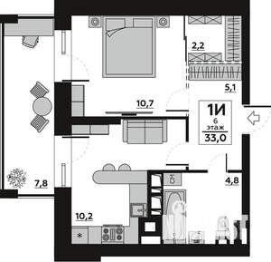 1-к квартира, строящийся дом, 33м2, 6/7 этаж