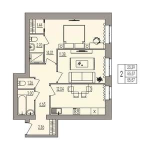 2-к квартира, вторичка, 56м2, 3/3 этаж