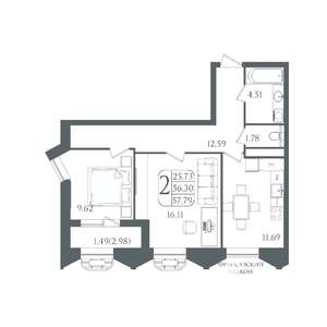 2-к квартира, вторичка, 58м2, 21/22 этаж