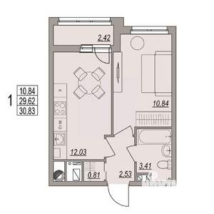 1-к квартира, вторичка, 31м2, 4/6 этаж