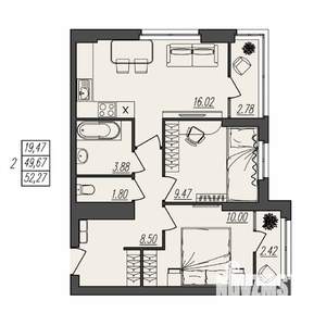 2-к квартира, вторичка, 52м2, 10/17 этаж