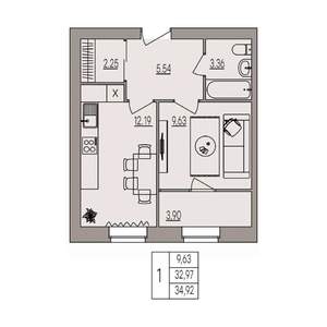 1-к квартира, вторичка, 35м2, 3/3 этаж