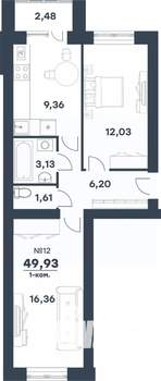 2-к квартира, строящийся дом, 50м2, 4/4 этаж