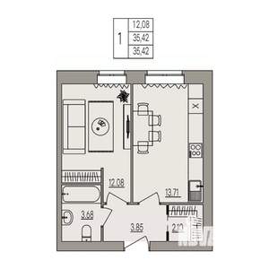 1-к квартира, вторичка, 35м2, 3/3 этаж