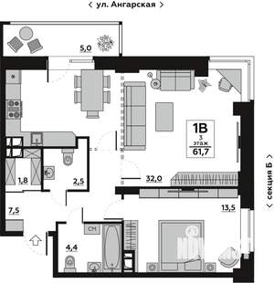 1-к квартира, вторичка, 62м2, 3/19 этаж
