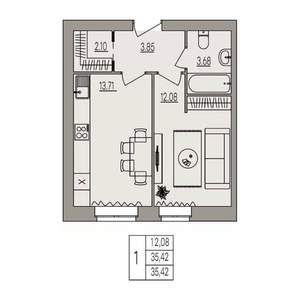 1-к квартира, вторичка, 35м2, 1/3 этаж