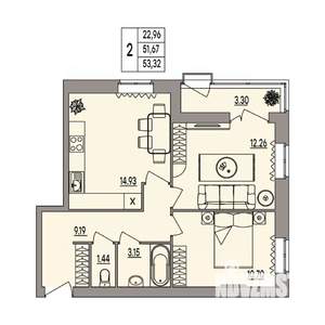 2-к квартира, вторичка, 53м2, 2/3 этаж