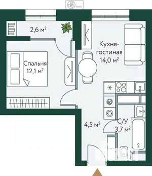 1-к квартира, строящийся дом, 37м2, 5/24 этаж