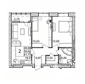 2-к квартира, вторичка, 62м2, 5/9 этаж