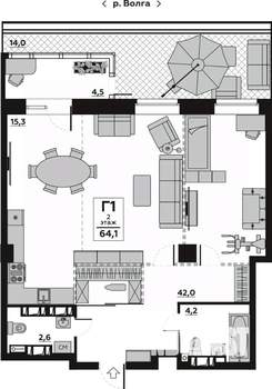 1-к квартира, вторичка, 64м2, 2/20 этаж
