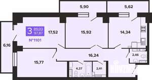3-к квартира, строящийся дом, 98м2, 13/19 этаж