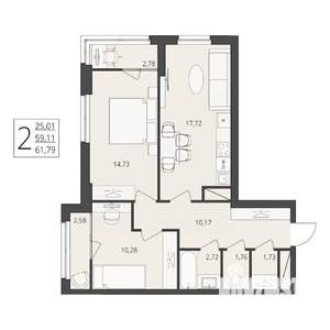 2-к квартира, вторичка, 62м2, 13/17 этаж