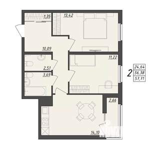 2-к квартира, вторичка, 58м2, 5/10 этаж