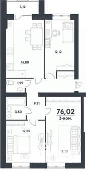 3-к квартира, строящийся дом, 76м2, 1/4 этаж