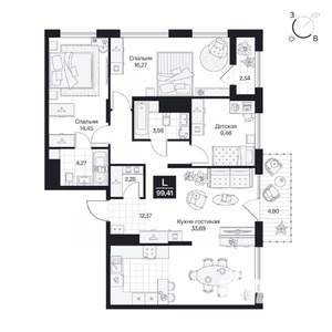 3-к квартира, вторичка, 99м2, 4/10 этаж