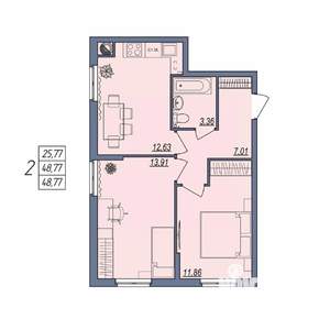 2-к квартира, вторичка, 49м2, 1/10 этаж