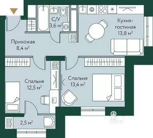 2-к квартира, строящийся дом, 54м2, 24/24 этаж