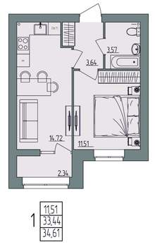 1-к квартира, вторичка, 35м2, 4/4 этаж