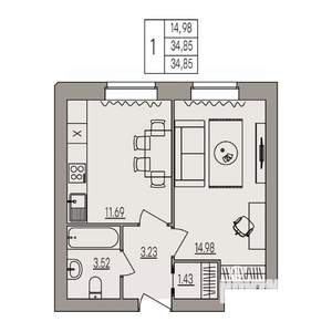 1-к квартира, вторичка, 35м2, 2/3 этаж