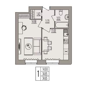 1-к квартира, вторичка, 35м2, 3/3 этаж