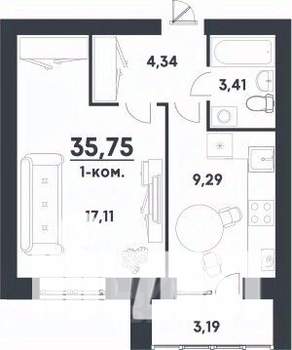 1-к квартира, строящийся дом, 36м2, 2/4 этаж