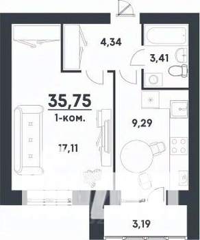 1-к квартира, строящийся дом, 36м2, 4/4 этаж