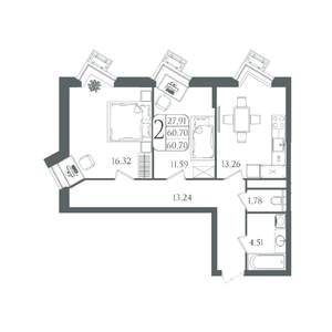2-к квартира, вторичка, 61м2, 21/22 этаж